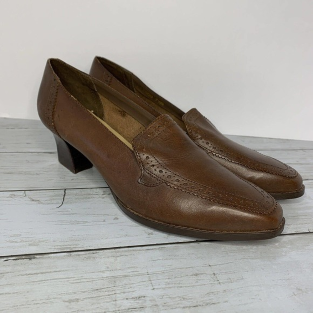Vtg Wesley & Co Brown Leather Slip On Shoe Chunky‎ Heel Almond Toe 7.5 Brazil